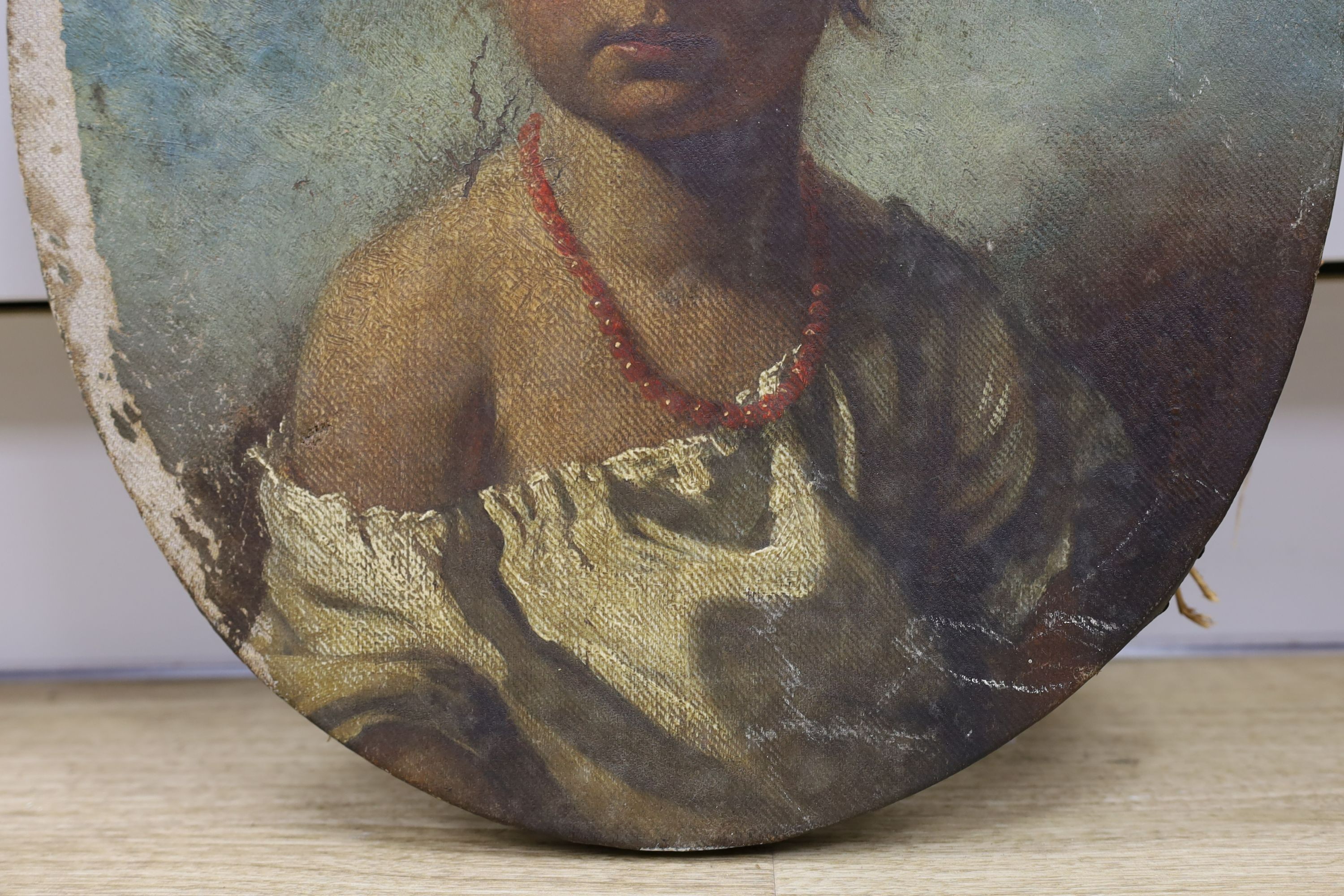 19th century Italian School, oil on canvas, Portrait of a girl wearing a coral bead necklace, 47 x 38cm, unframed (a.f.)